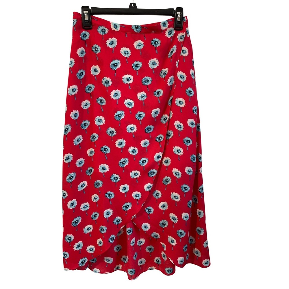 J.Crew Womens Red Dandelion Floral Faux Wrap Midi Skirt Elastic Waist XS Preppy